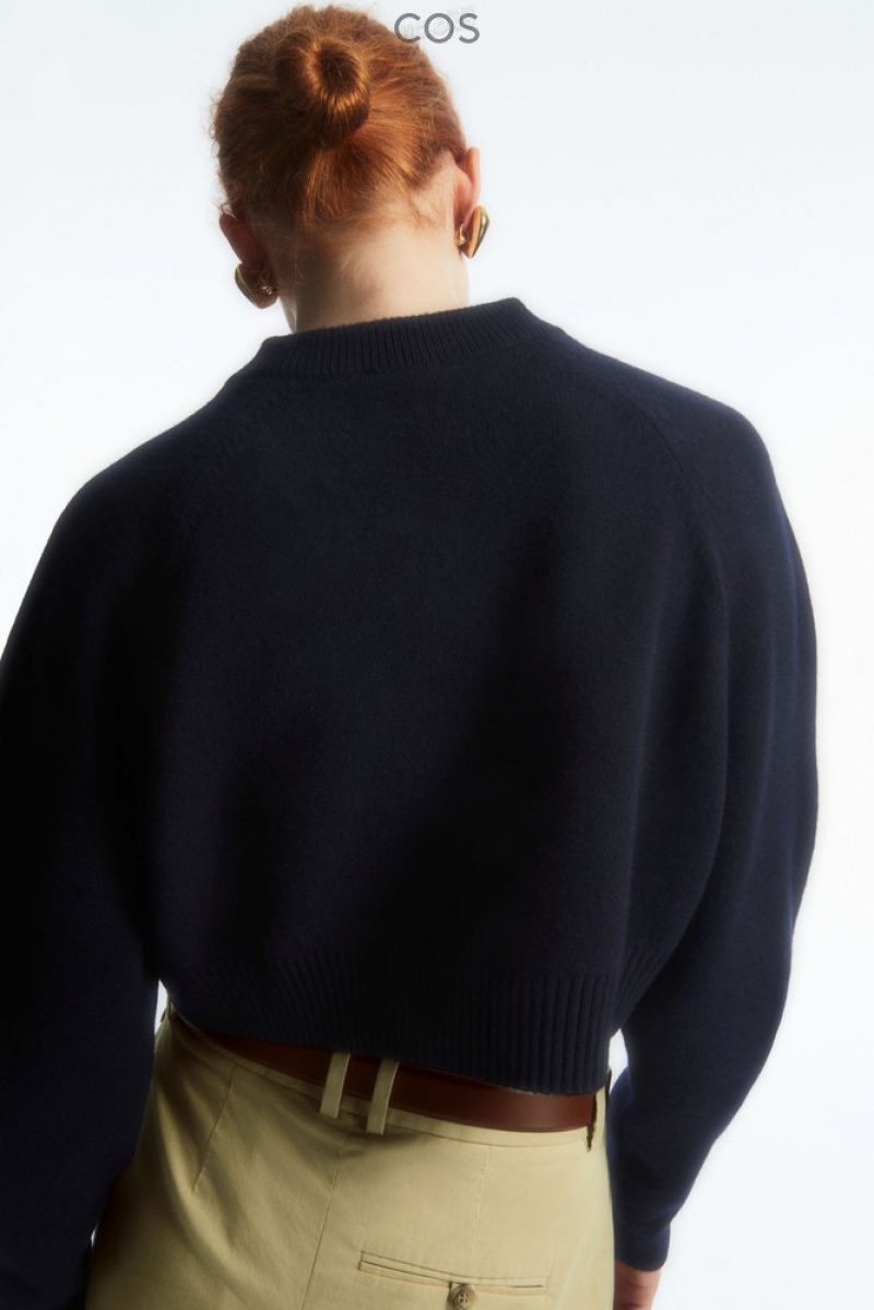 Navy COS Cropped V-Neck Wool Sweater | ZE62-B5FR