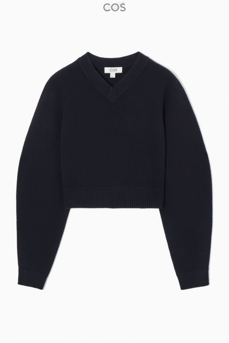 Navy COS Cropped V-Neck Wool Sweater | ZE62-B5FR