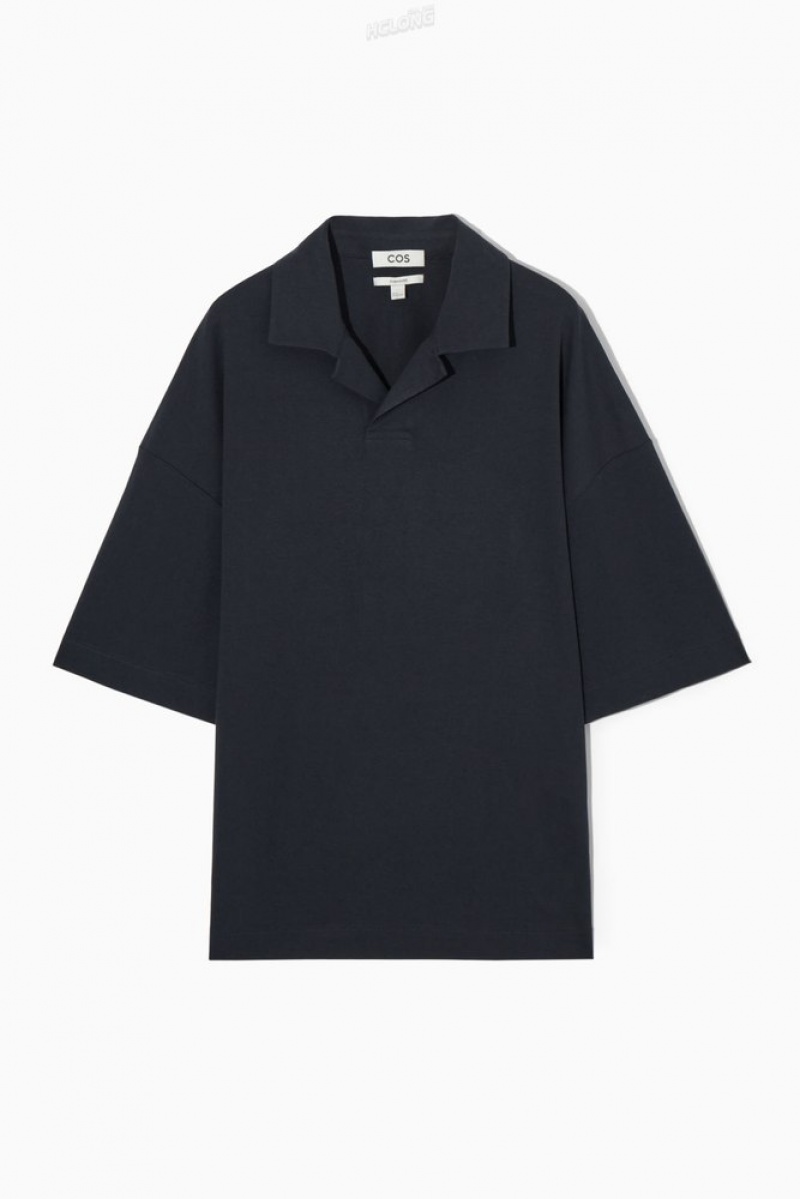 Navy COS Oversized Open-Collar Polo-Shirt | GB00-I3QI