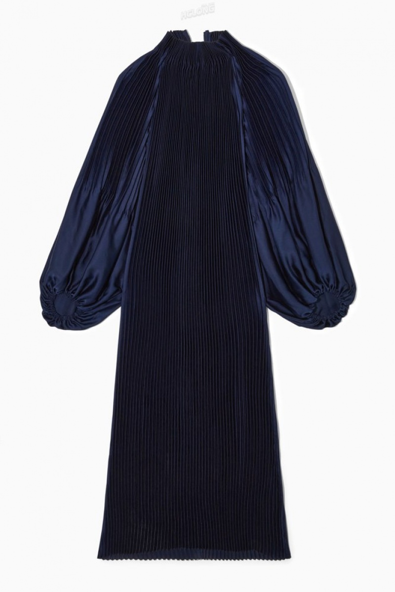 Navy COS Oversized Pleated High-Neck Maxi Dress | KW05-K3SZ