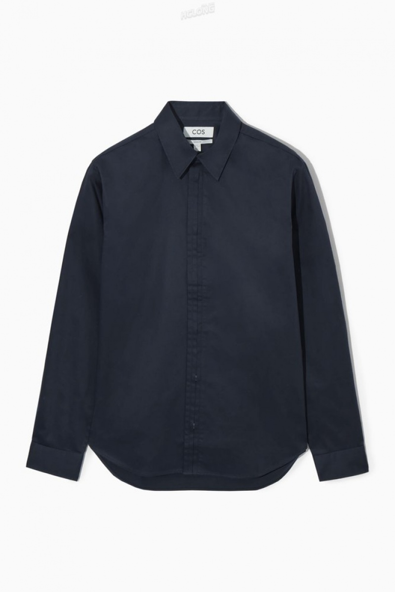 Navy COS Pleated-Placket Dress Shirt - Regular | GO80-P4BQ