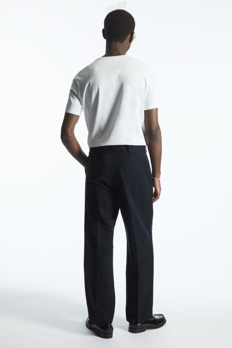 Navy COS Pleated Straight-Leg Linen-Blend Trousers | RR86-E3BF