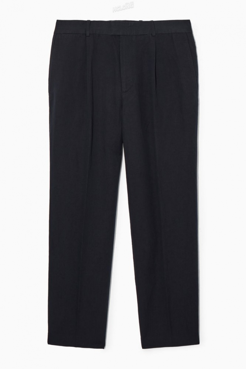 Navy COS Pleated Straight-Leg Linen-Blend Trousers | RR86-E3BF