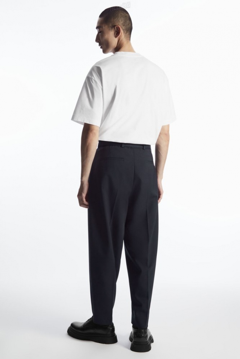 Navy COS Relaxed Belted Wool-Blend Pants | IE84-G0DY