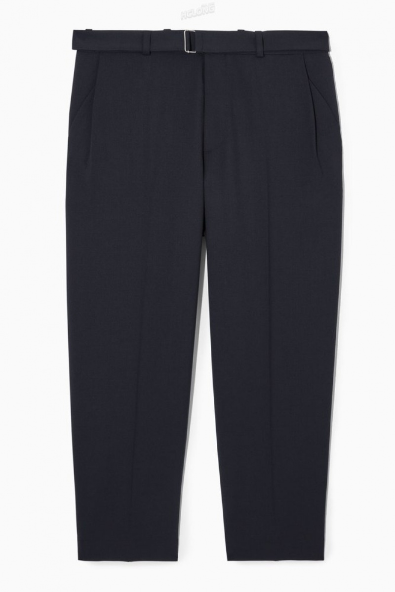 Navy COS Relaxed Belted Wool-Blend Pants | IE84-G0DY