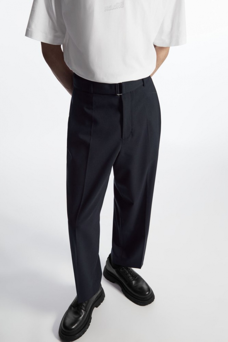 Navy COS Relaxed Belted Wool-Blend Trousers | ML16-O4OP