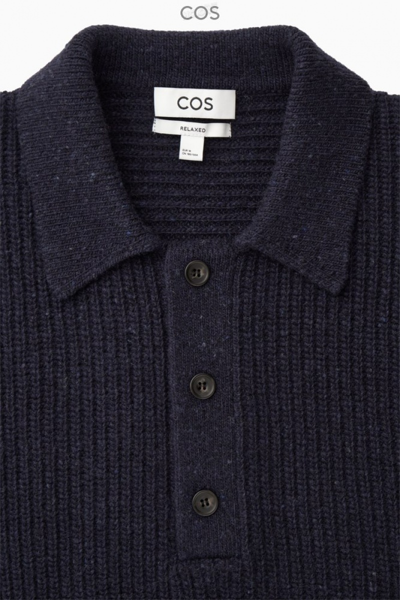 Navy COS Ribbed Wool And Cashmere-Blend Polo Shirt | ZI56-Q6UI