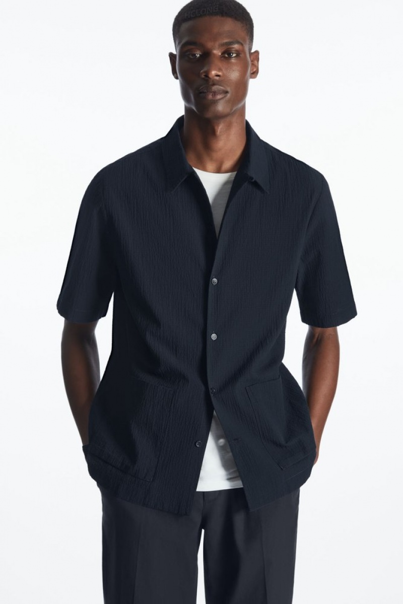 Navy COS Short-Sleeved Cotton-Seersucker Shirt | RJ63-I2OQ