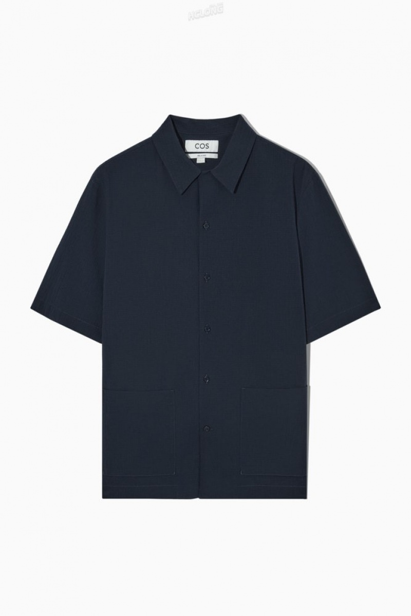 Navy COS Short-Sleeved Cotton-Seersucker Shirt | RJ63-I2OQ