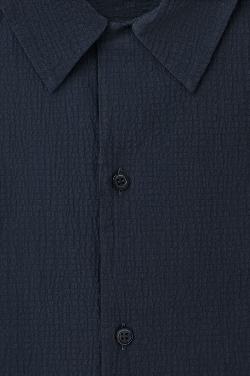 Navy COS Short-Sleeved Cotton-Seersucker Shirt | RJ63-I2OQ