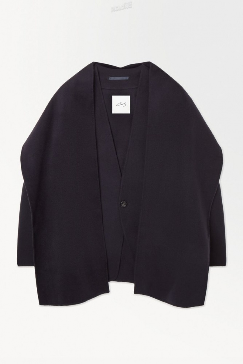 Navy COS The Collarless Wool Scarf Jacket | UP01-W7PF