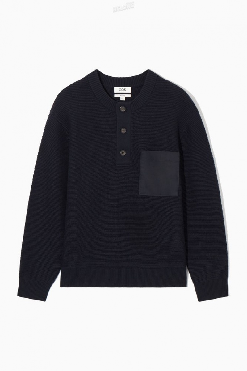 Navy COS Waffle-Knit Henley Sweater | TT35-X6RP