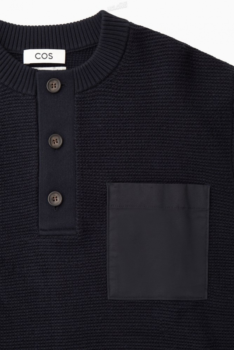 Navy COS Waffle-Knit Henley Sweater | TT35-X6RP