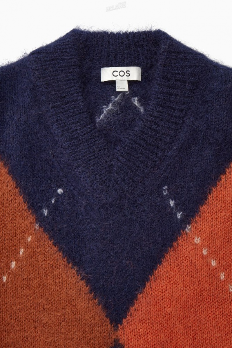 Navy / Argyle COS Cropped V-Neck Mohair Sweater | MN19-Q5VC