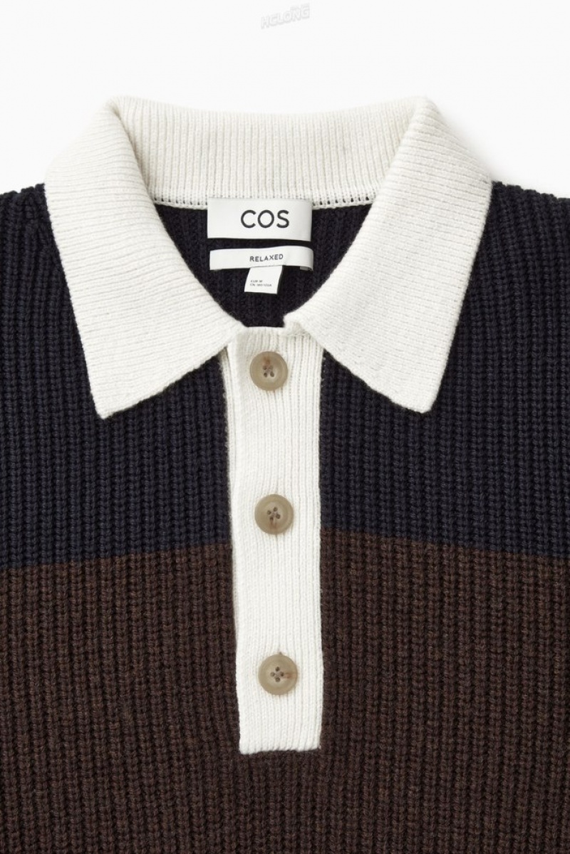 Navy / Brown / Striped COS Wool-Blend Rugby Polo Shirt | AK50-M5KG