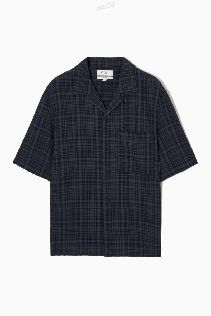 Navy / Checked COS Checked Seersucker Camp-Collar Shirt | UQ51-L8UG