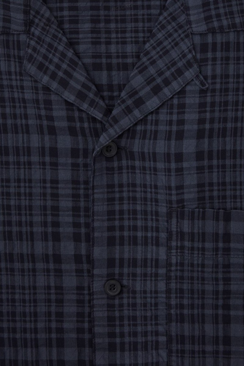 Navy / Checked COS Checked Seersucker Camp-Collar Shirt | UQ51-L8UG