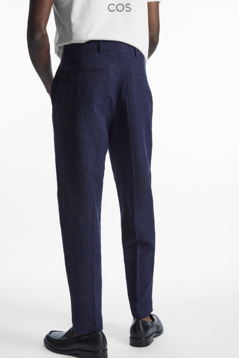 Navy / Checked COS Tapered Textured-Seersucker Trousers | HX43-H9XS