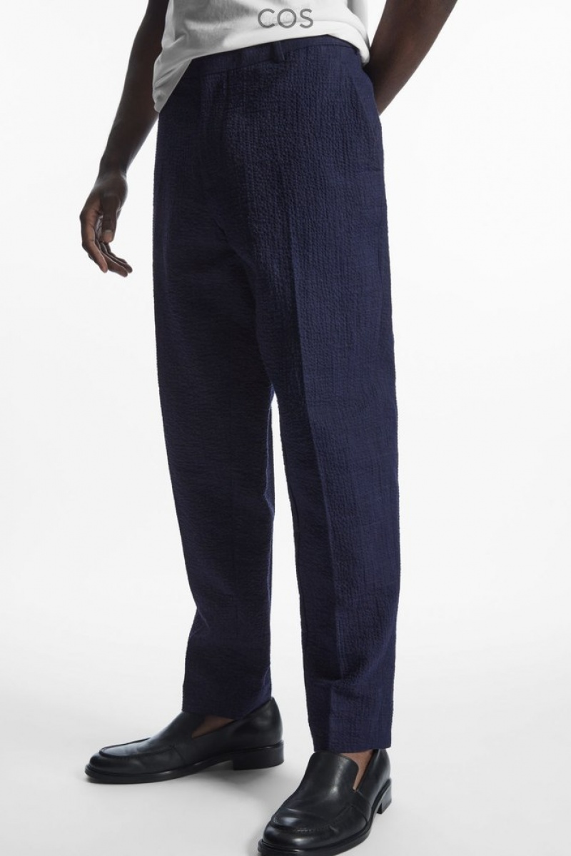 Navy / Checked COS Tapered Textured-Seersucker Trousers | HX43-H9XS