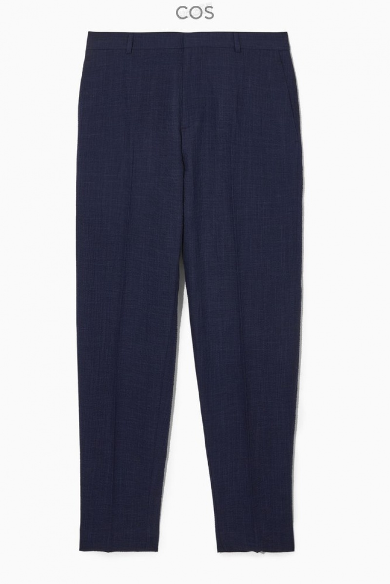 Navy / Checked COS Tapered Textured-Seersucker Trousers | HX43-H9XS