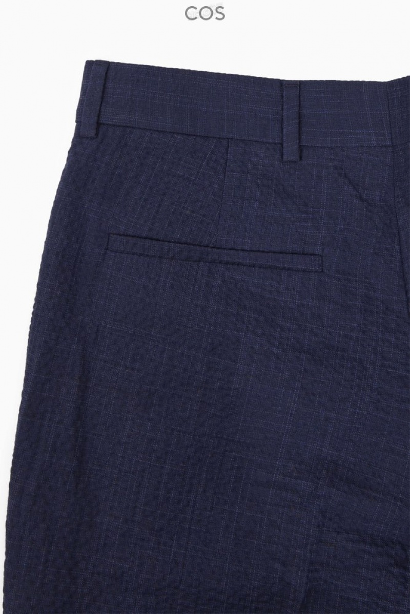 Navy / Checked COS Tapered Textured-Seersucker Trousers | HX43-H9XS