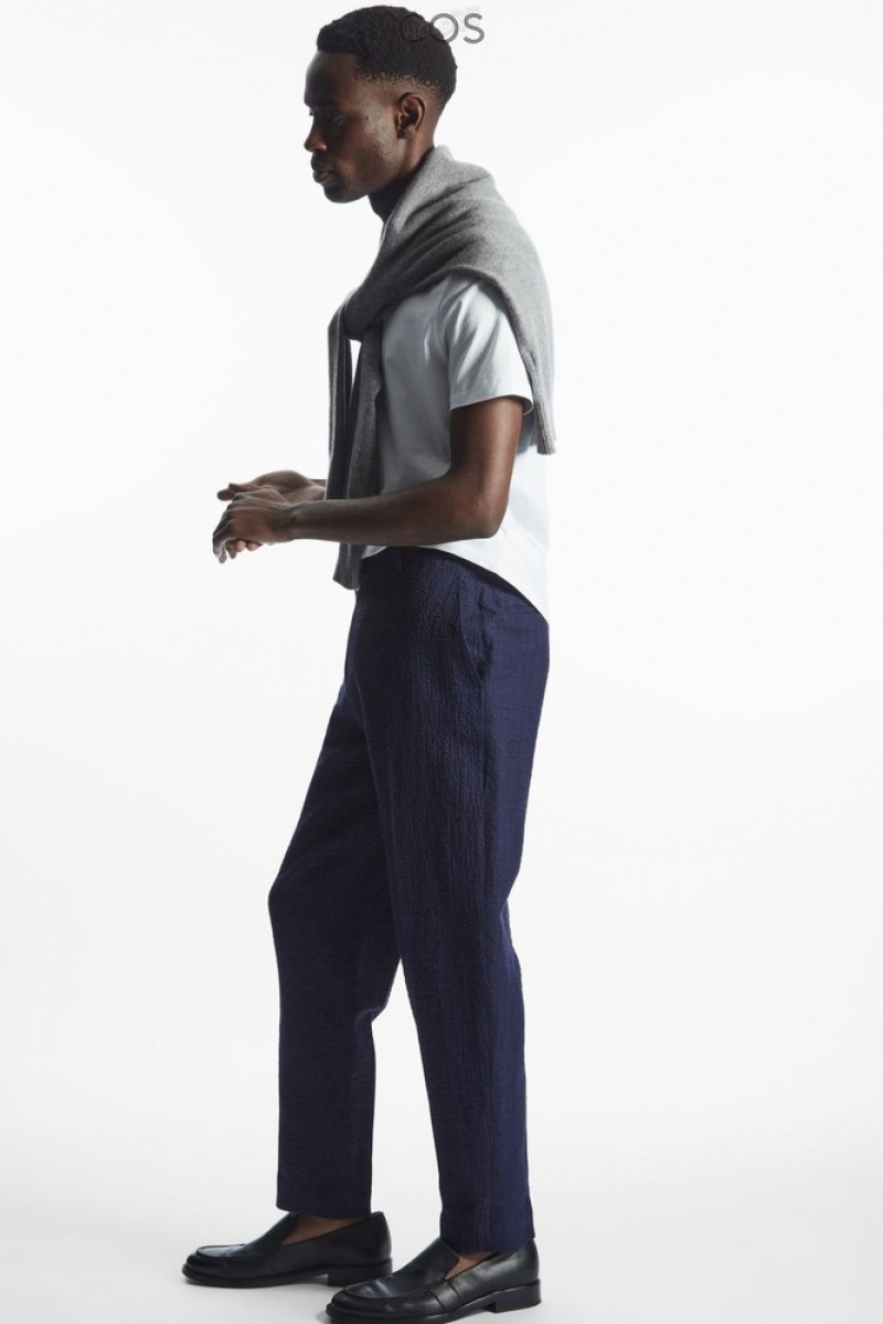 Navy / Checked COS Tapered Textured-Seersucker Trousers | HX43-H9XS