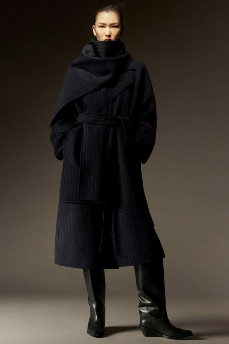 Navy / Pinstriped COS Oversized Pinstriped Wool Scarf Coat | FT14-E6JA