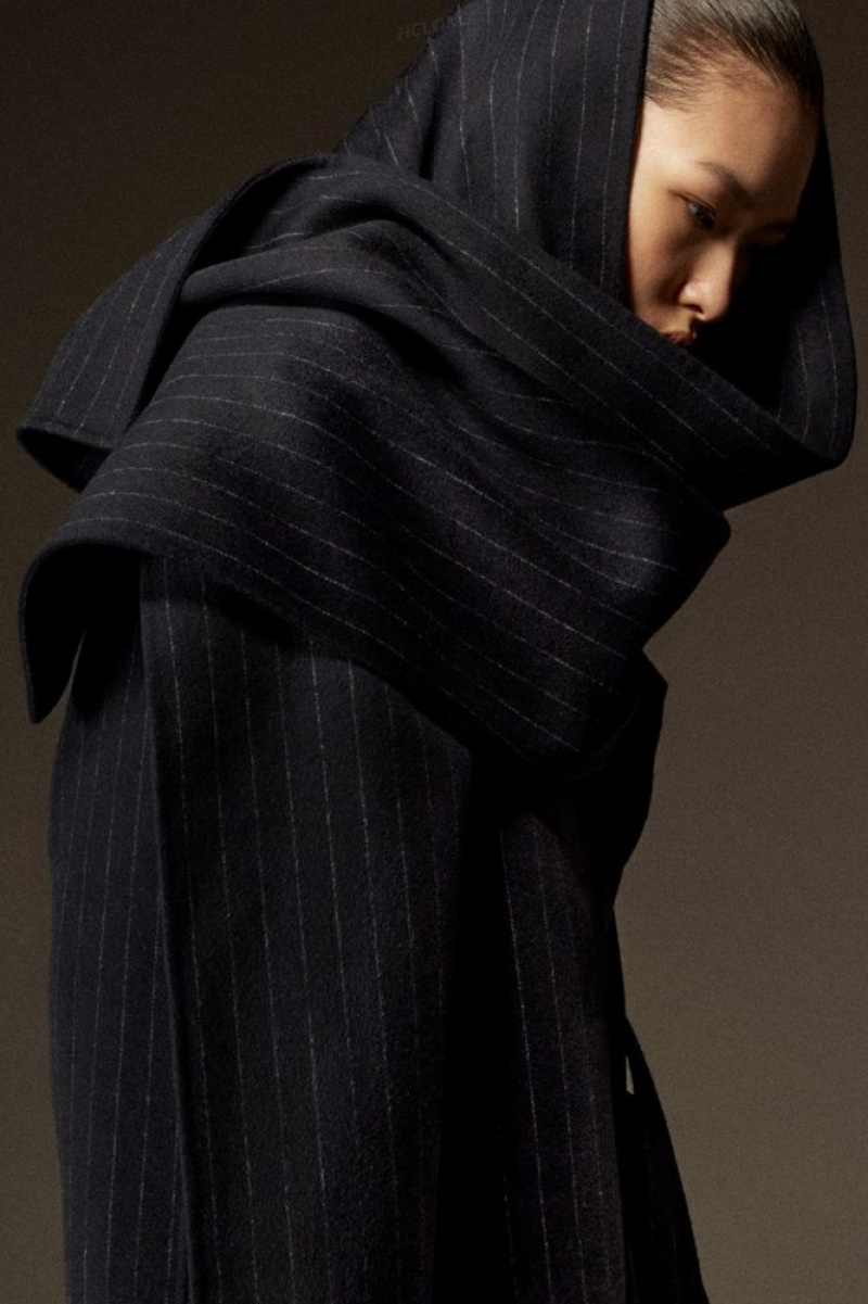 Navy / Pinstriped COS Oversized Pinstriped Wool Scarf Coat | FT14-E6JA