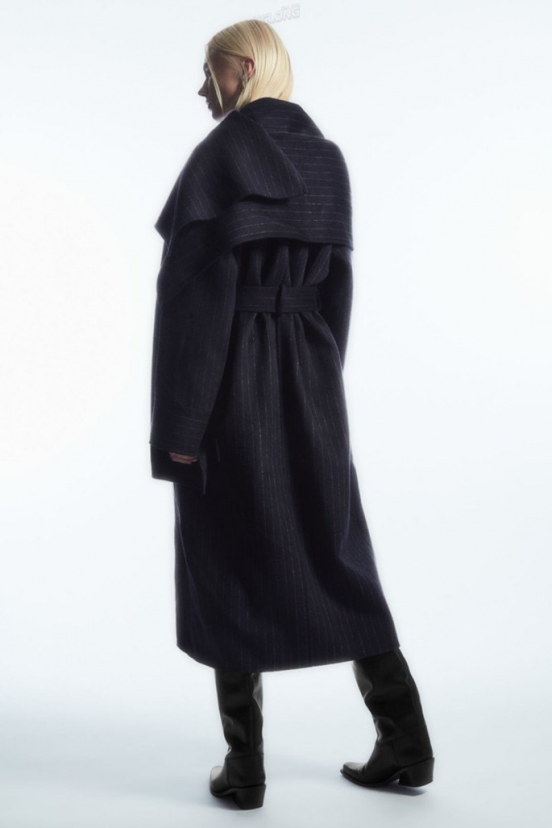 Navy / Pinstriped COS Oversized Pinstriped Wool Scarf Coat | FT14-E6JA