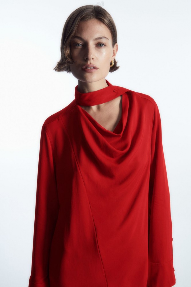 Red COS Scarf-Detail Draped Midi Dress | TM10-H1BC