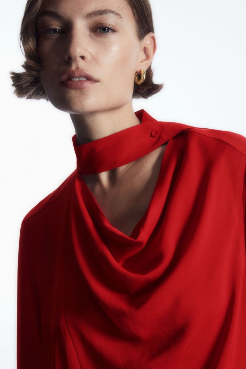 Red COS Scarf-Detail Draped Midi Dress | TM10-H1BC