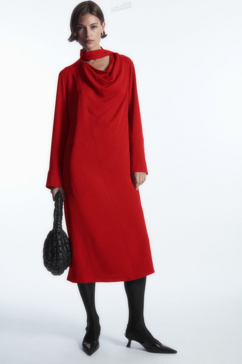 Red COS Scarf-Detail Draped Midi Dress | TM10-H1BC