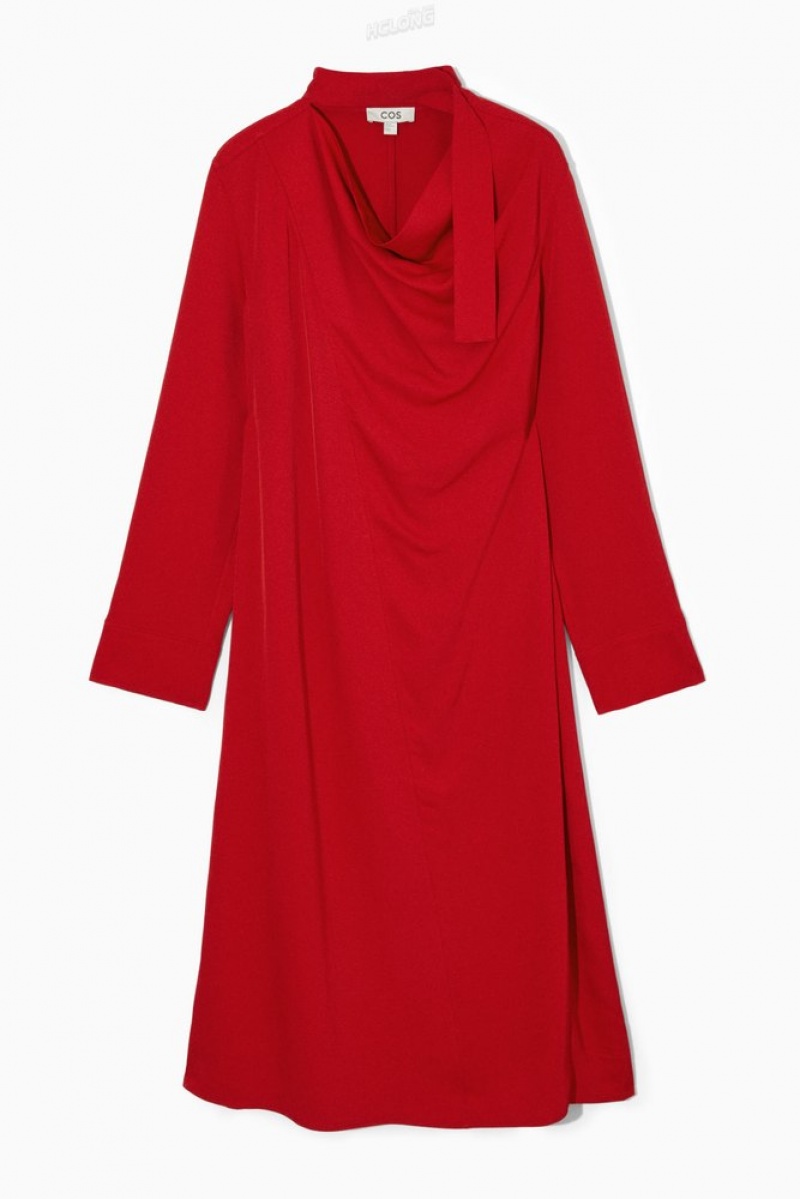 Red COS Scarf-Detail Draped Midi Dress | TM10-H1BC