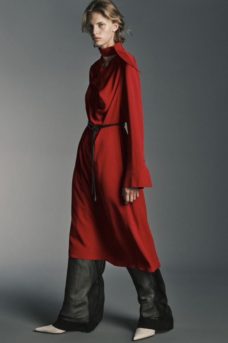 Red COS Scarf-Detail Draped Midi Dress | TM10-H1BC