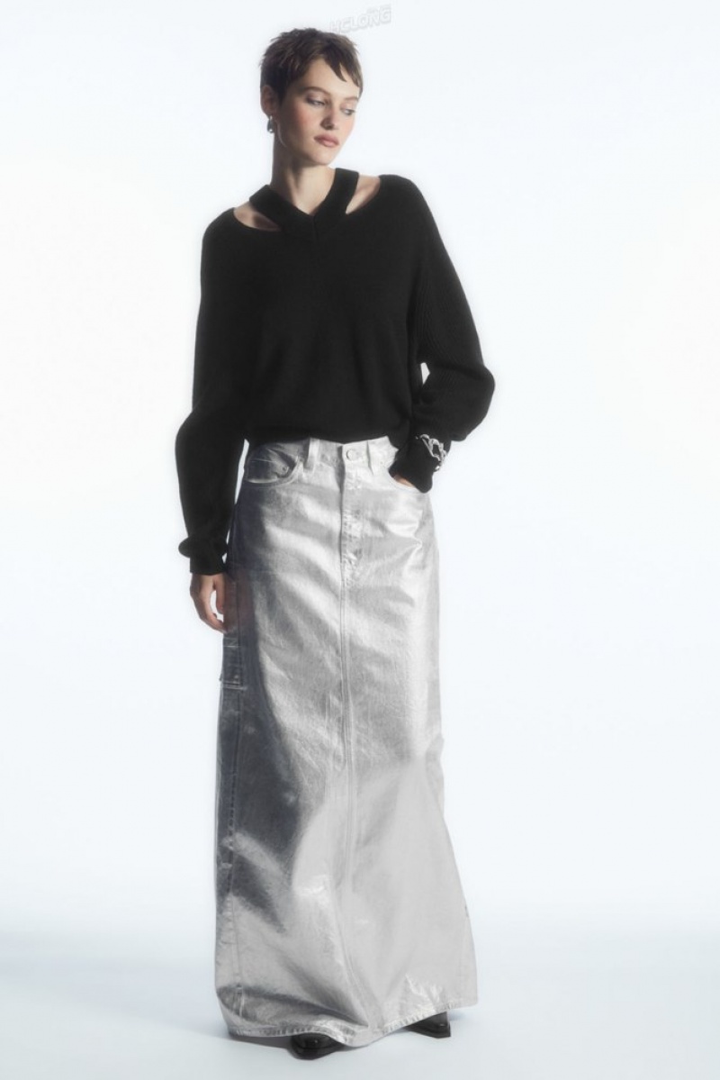 Silver COS Coated-Denim Maxi Skirt | ER64-Q6UP