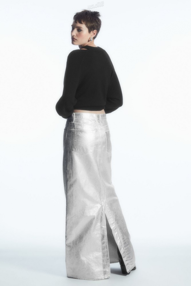 Silver COS Coated-Denim Maxi Skirt | ER64-Q6UP