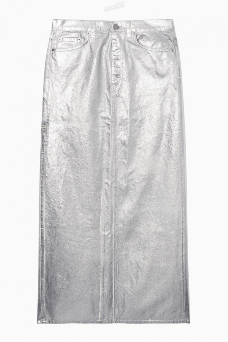 Silver COS Coated-Denim Maxi Skirt | ER64-Q6UP