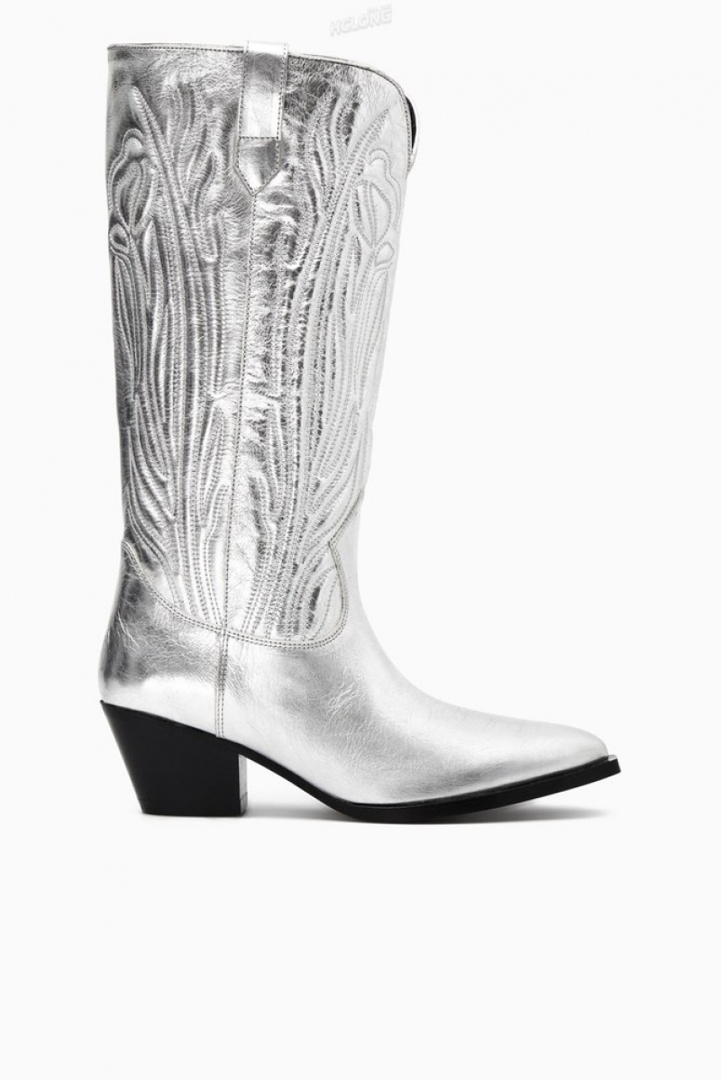 Silver COS Embroidered Leather Cowboy Boots | GE26-X7SQ