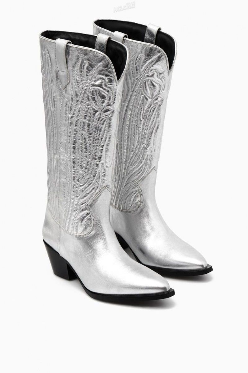 Silver COS Embroidered Leather Cowboy Boots | GE26-X7SQ