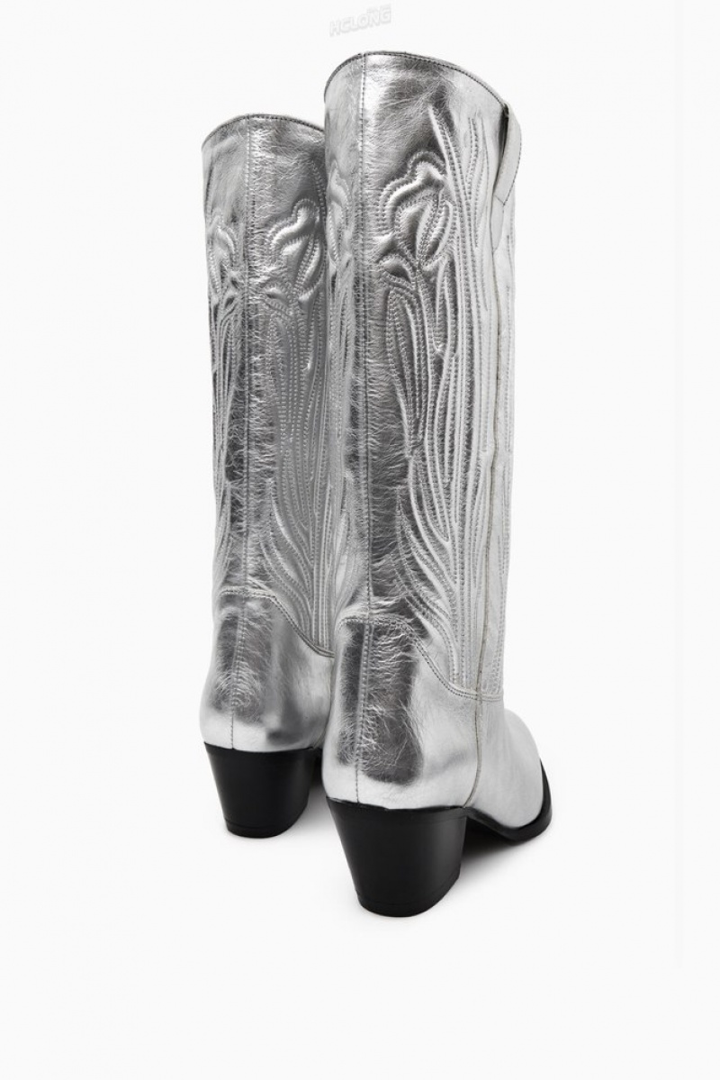 Silver COS Embroidered Leather Cowboy Boots | GE26-X7SQ