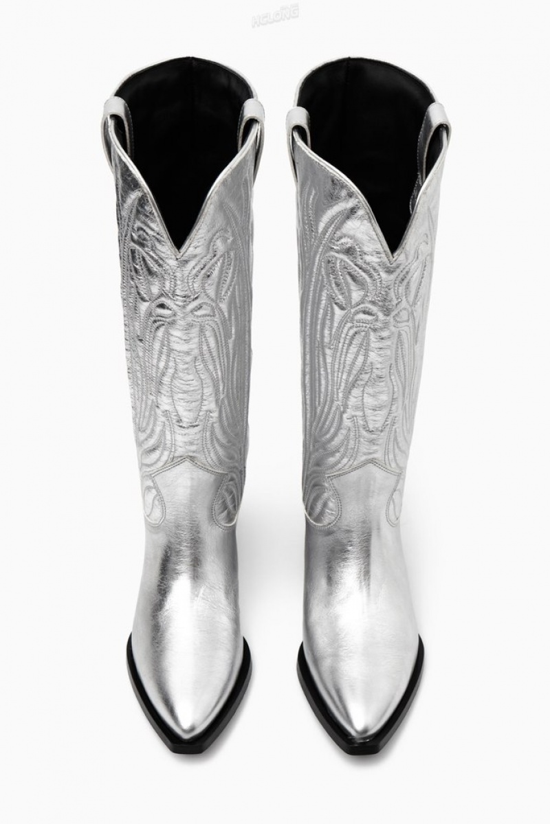 Silver COS Embroidered Leather Cowboy Boots | GE26-X7SQ