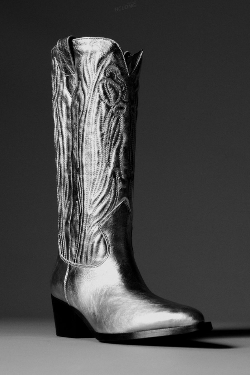 Silver COS Embroidered Leather Cowboy Boots | GE26-X7SQ