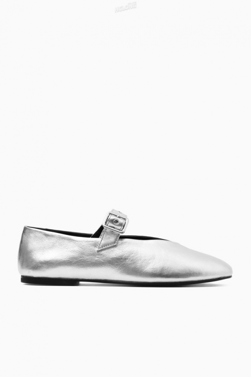 Silver COS Leather Mary-Jane Flats | IG62-Y5LB