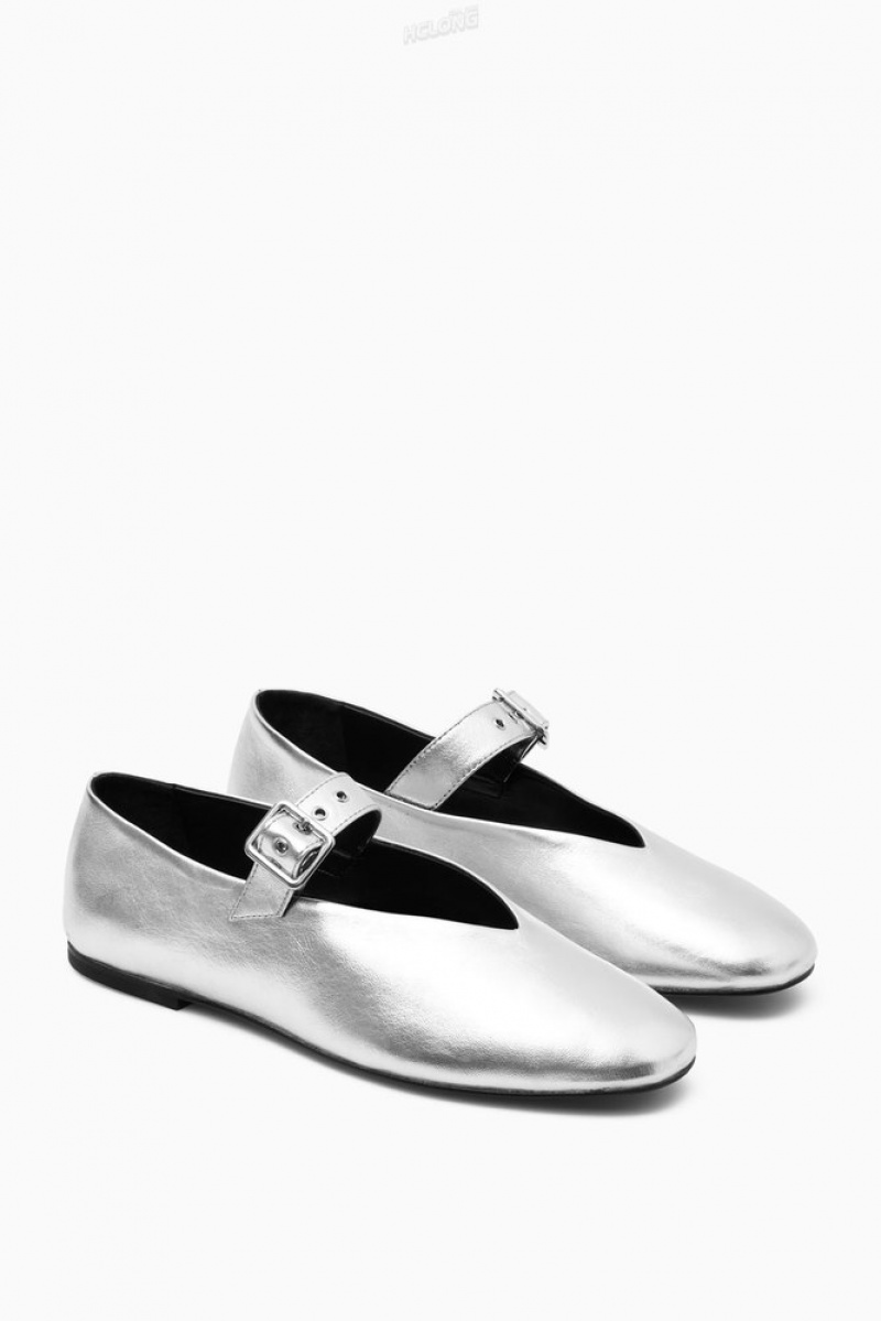 Silver COS Leather Mary-Jane Flats | IG62-Y5LB