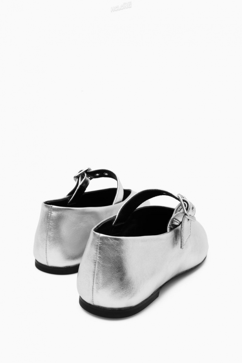 Silver COS Leather Mary-Jane Flats | IG62-Y5LB