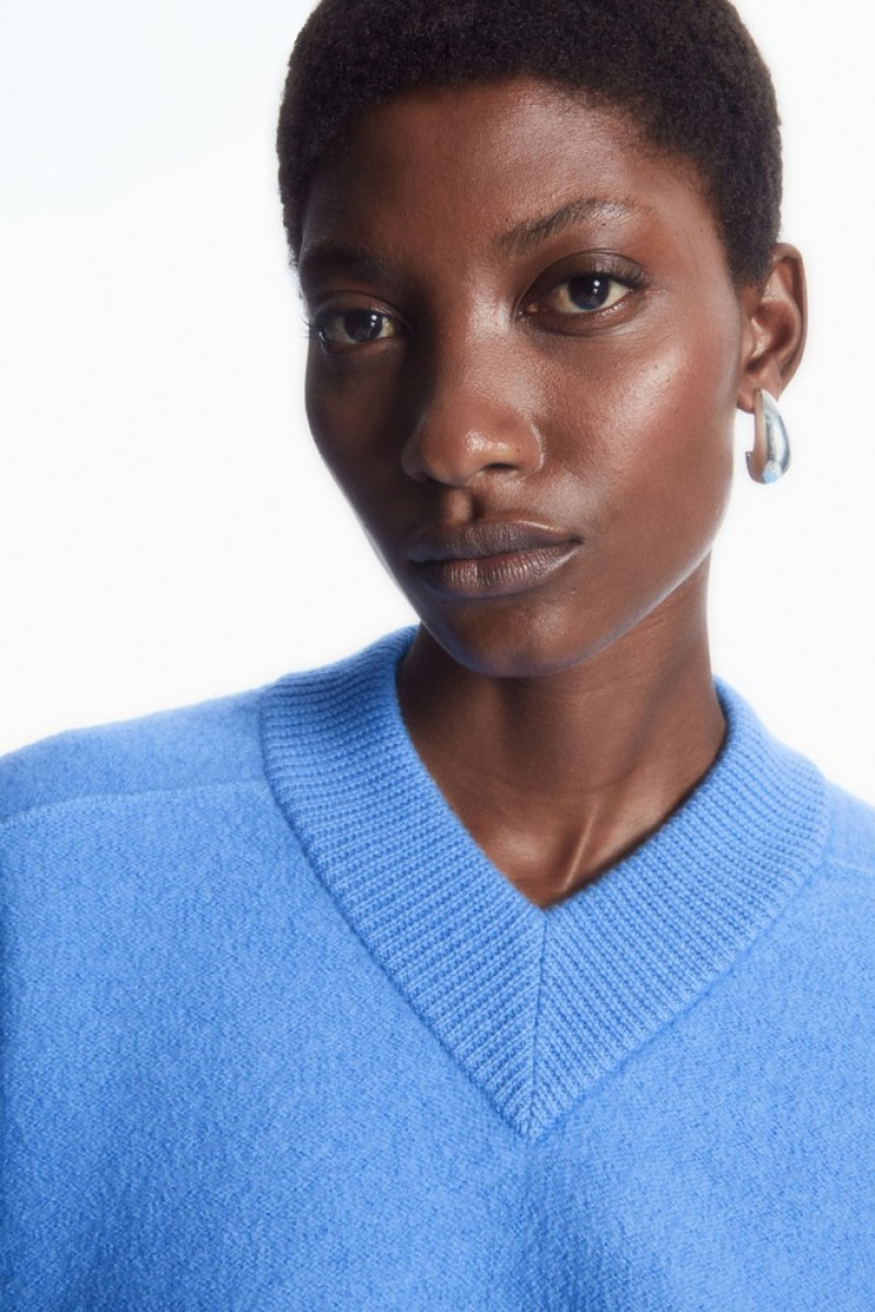 Sky Blue COS Cropped V-Neck Wool Sweater | YE88-H3VN