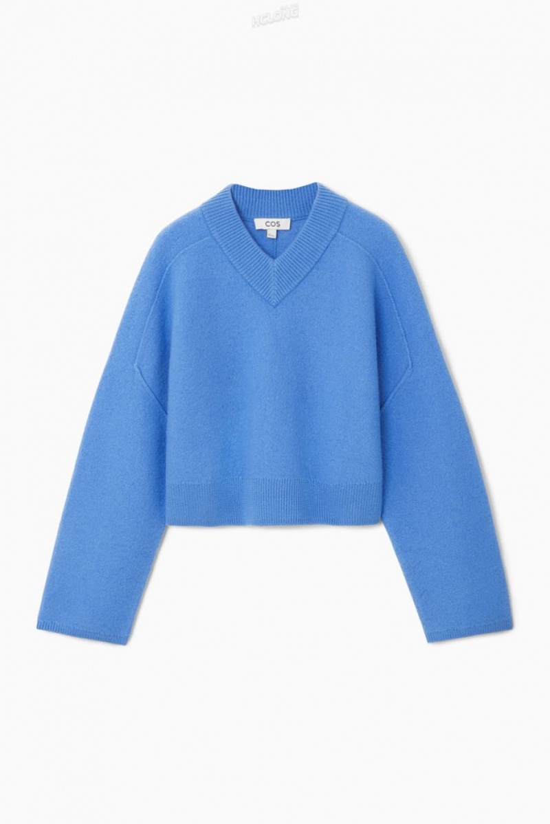 Sky Blue COS Cropped V-Neck Wool Sweater | YE88-H3VN