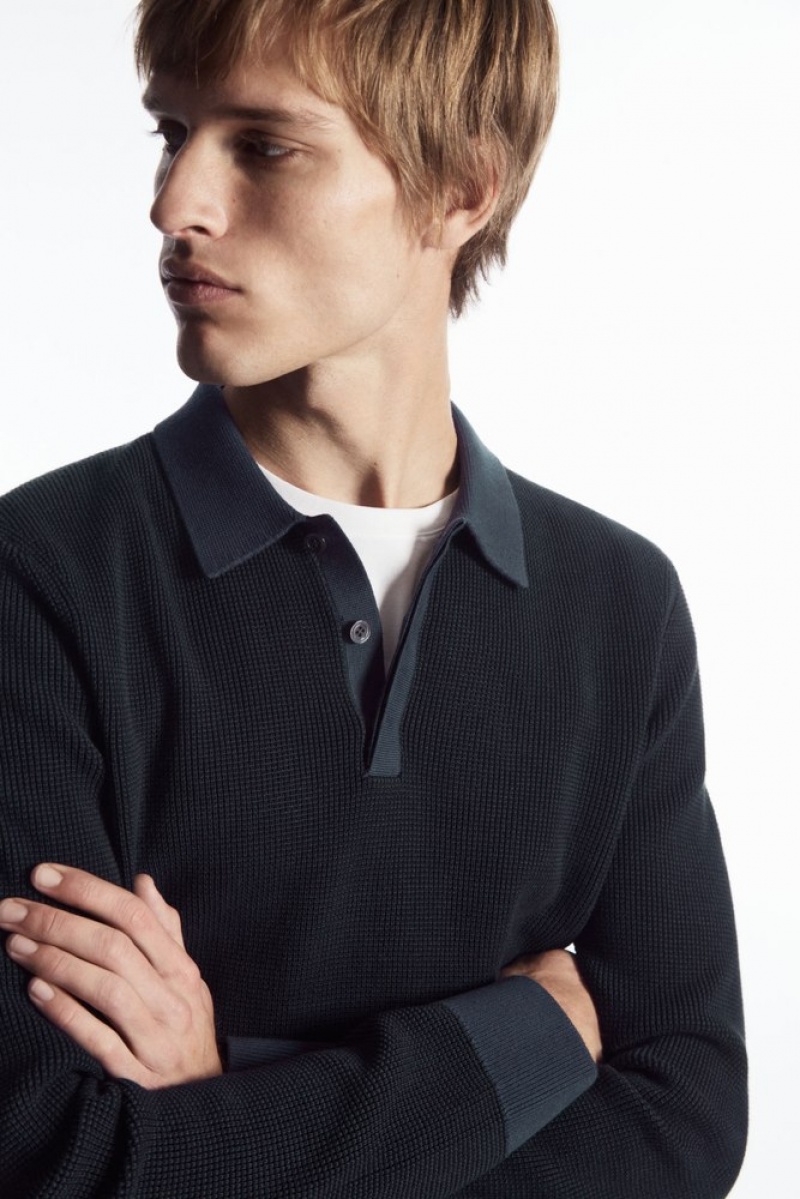 Stone COS Contrast-Trim Waffle-Knit Polo Shirt | FI70-Z6EP