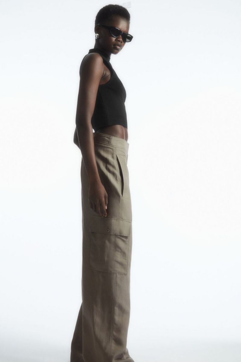 Stone COS Wide-Leg Linen-Blend Cargo Pants | BK20-X0MD