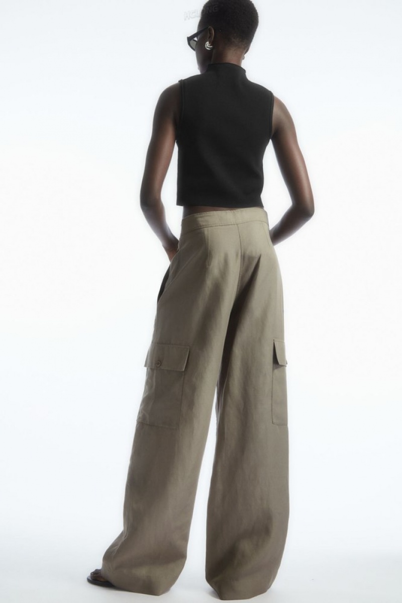 Stone COS Wide-Leg Linen-Blend Cargo Pants | BK20-X0MD